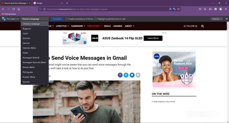 منوی انتخاب زبان افزونه Firefox Translations