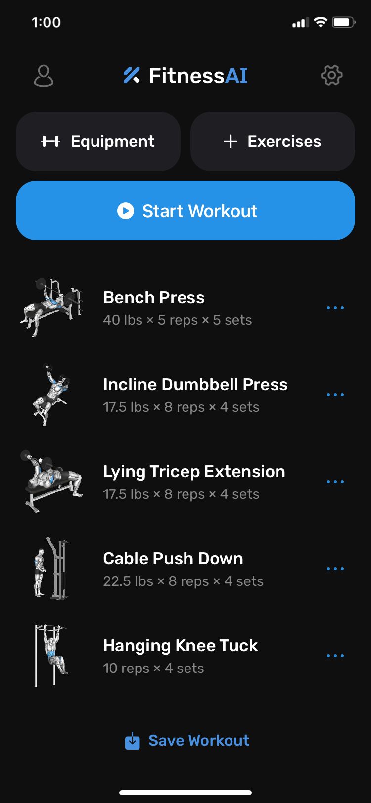FitnessAI app exercise list