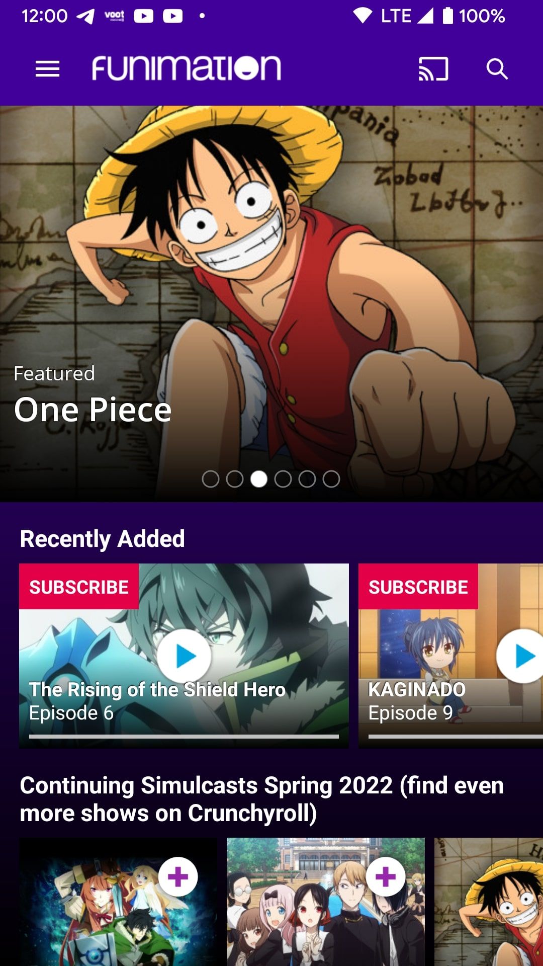 Funimation app Home page