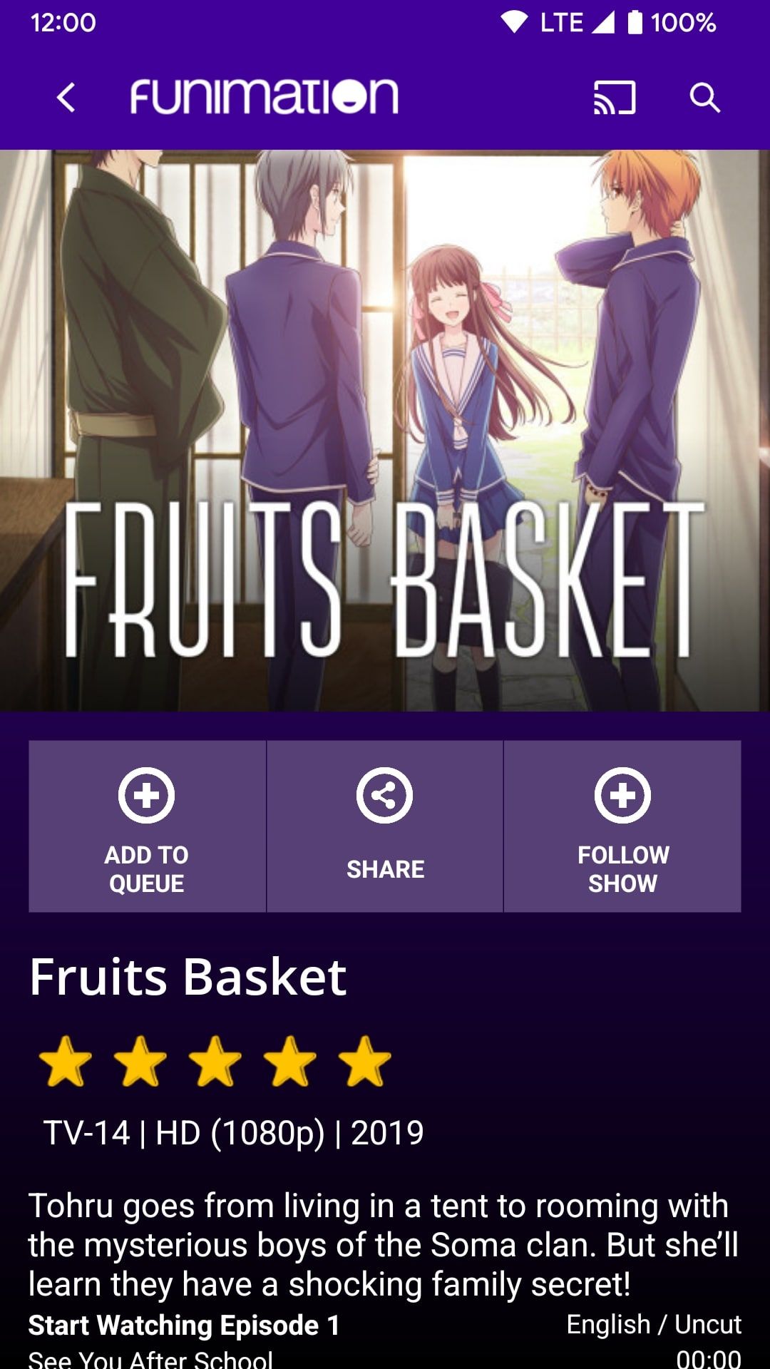 Funimation app's episodes and details page