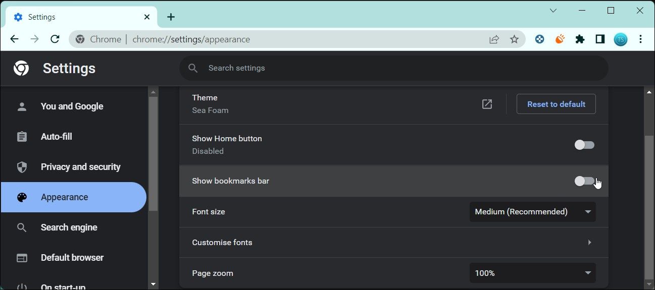 Google Chrome bookmarks bar settings