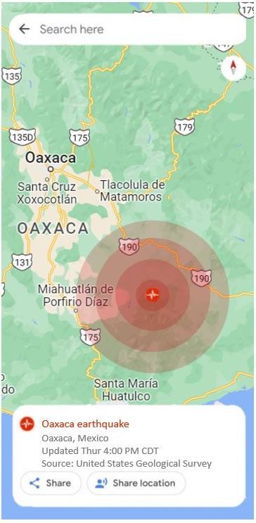 Google Maps on Mobile Screen Earthquake in Mexico Warning Example