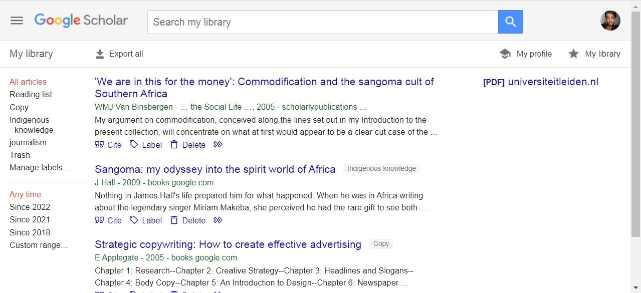 Library section in Google Scholar