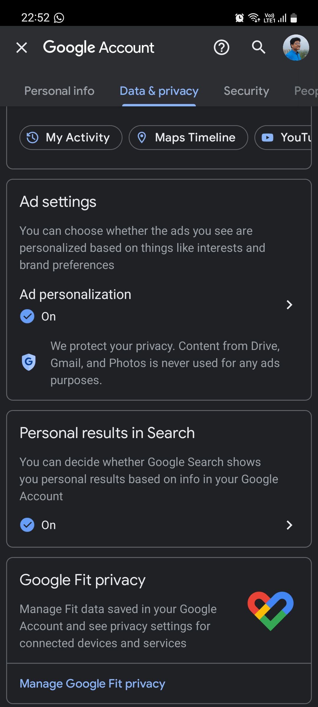 Google app data and privacy tab ad settings