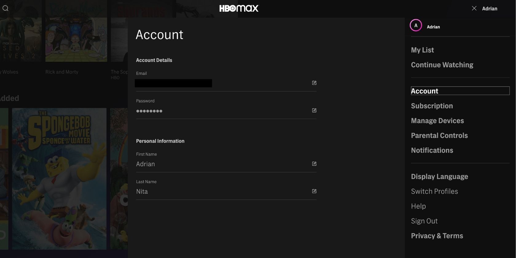 HBO Max Account settings on Desktop