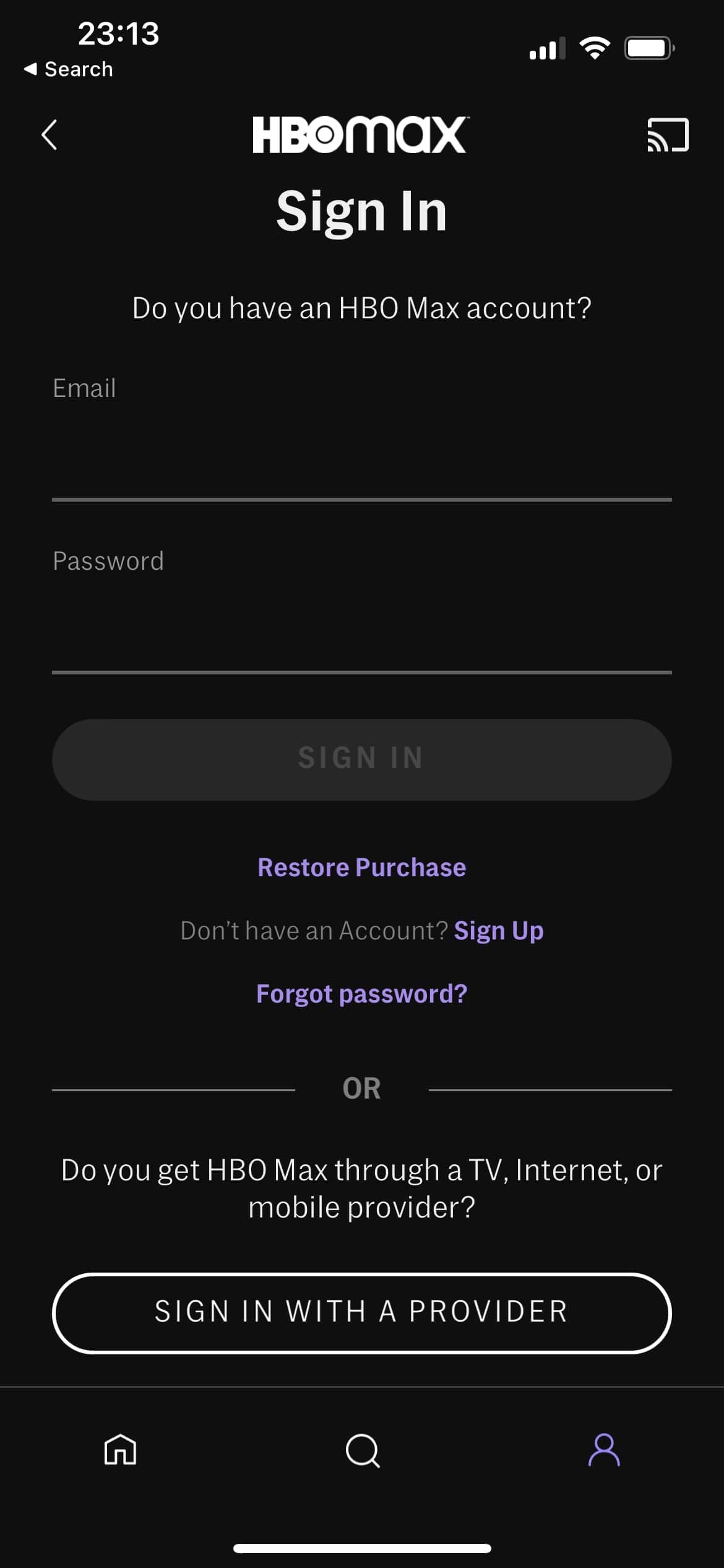 HBO Max App Sign in page