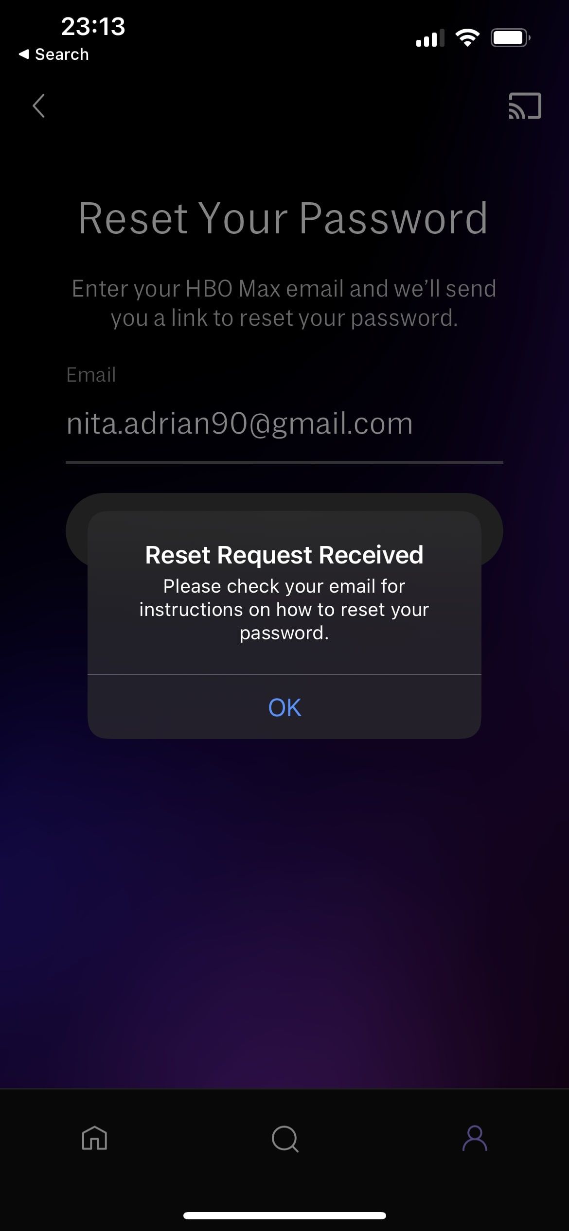 HBO Max app reset password confirmation