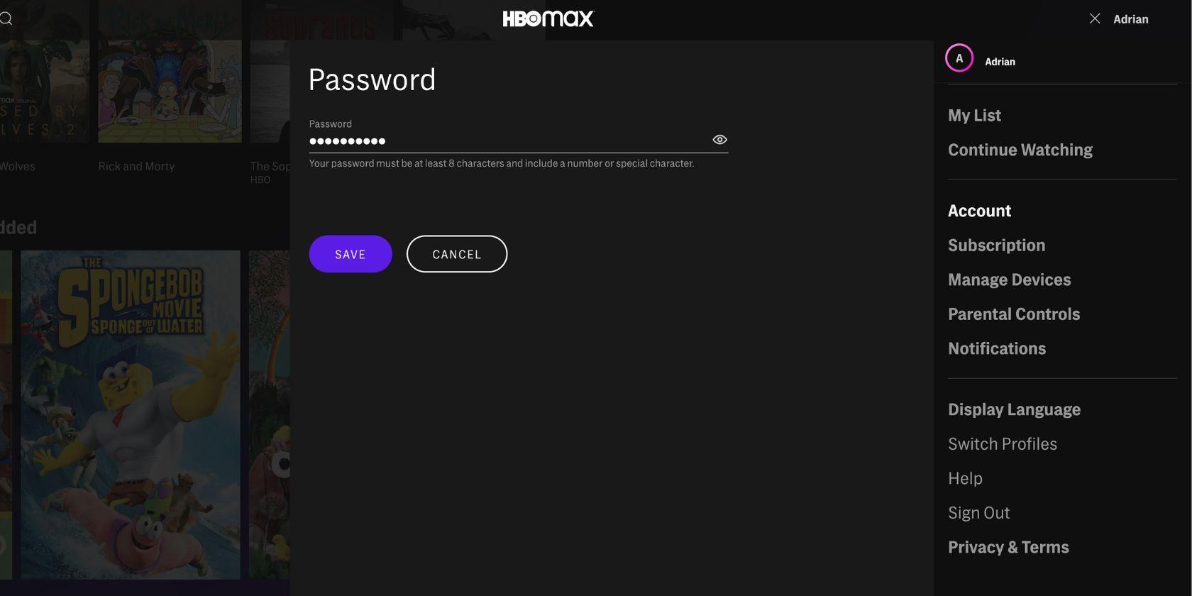 HBO Max change password page on Desktop