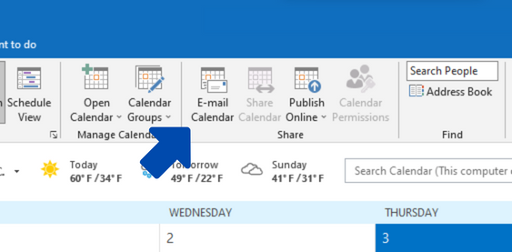 Selecting a method of sharing a calendar in Outlook