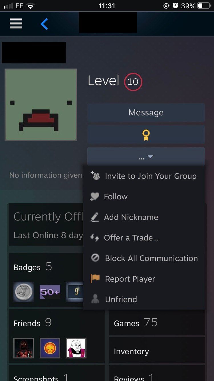 A user profile on the Steam iOS app