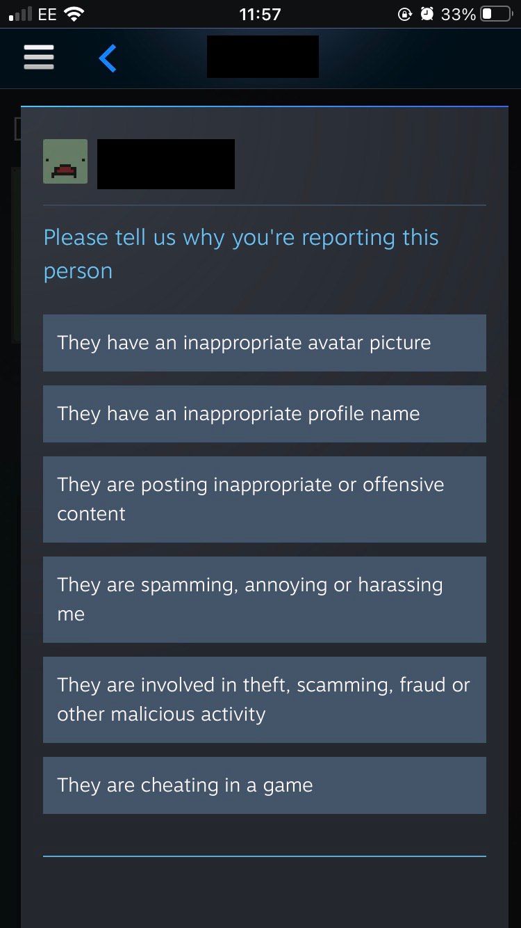 The report options on the Steam iOS app