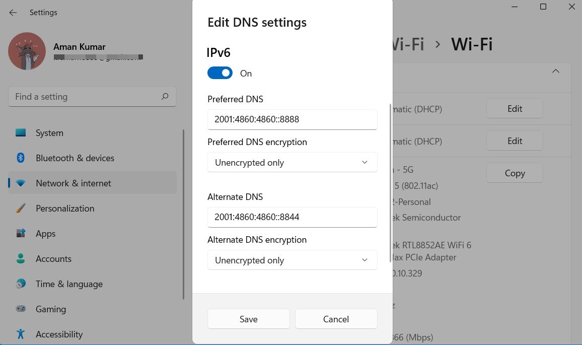 Editar pantalla de configuración de DNS