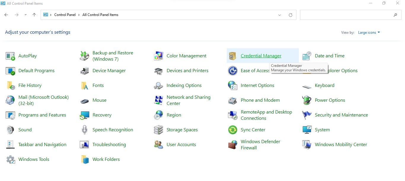 Opening Credential Manager in Windows Control Panel