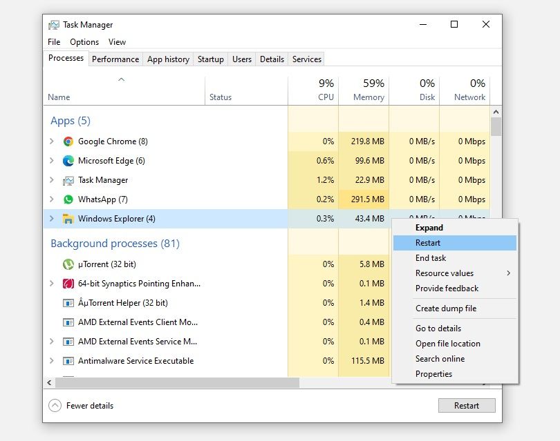 راه اندازی مجدد Windows Explorer در Windows Task Manager