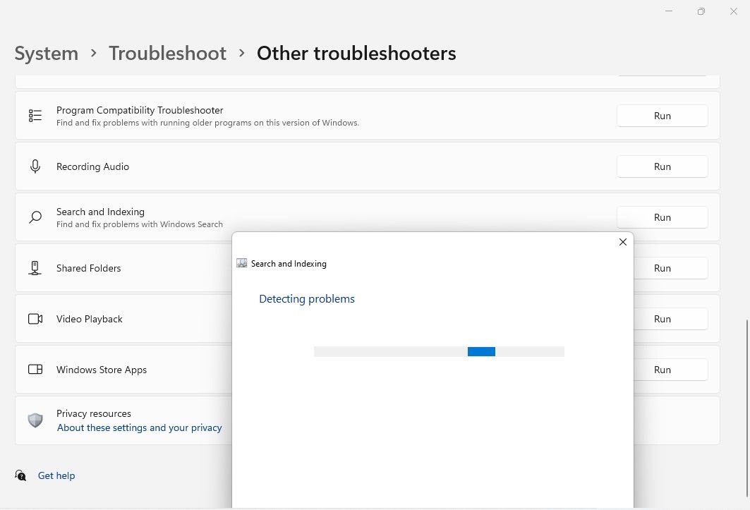 Running Search and Indexing Troubleshooter in Windows 11 Settings App