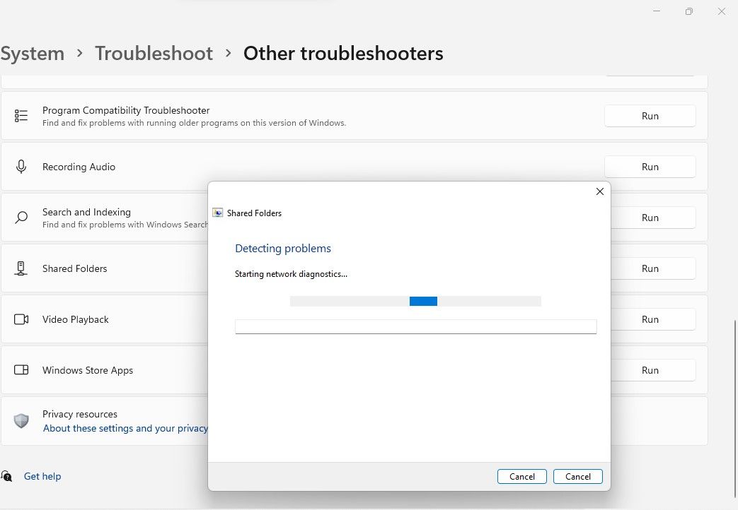 Running Shared Folders Troubleshooter in Windows 11 Settings App