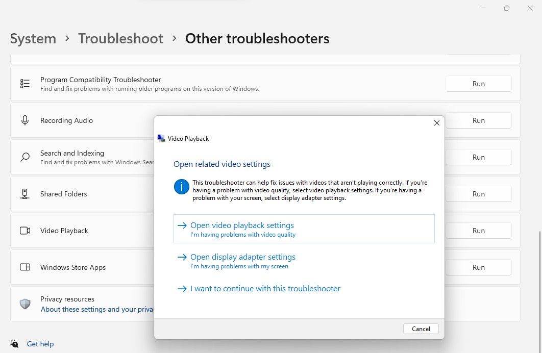 Running  Video Playback Troubleshooter in Windows 11 Settings App