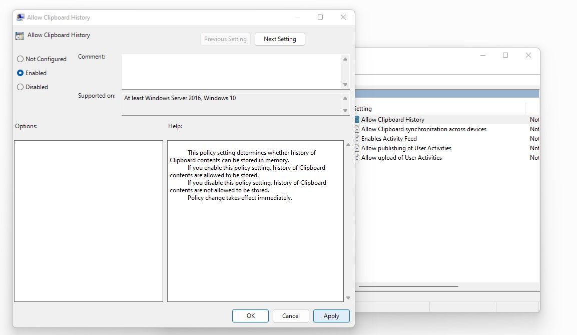 Enabling Clipboard History in Group Policy Editor