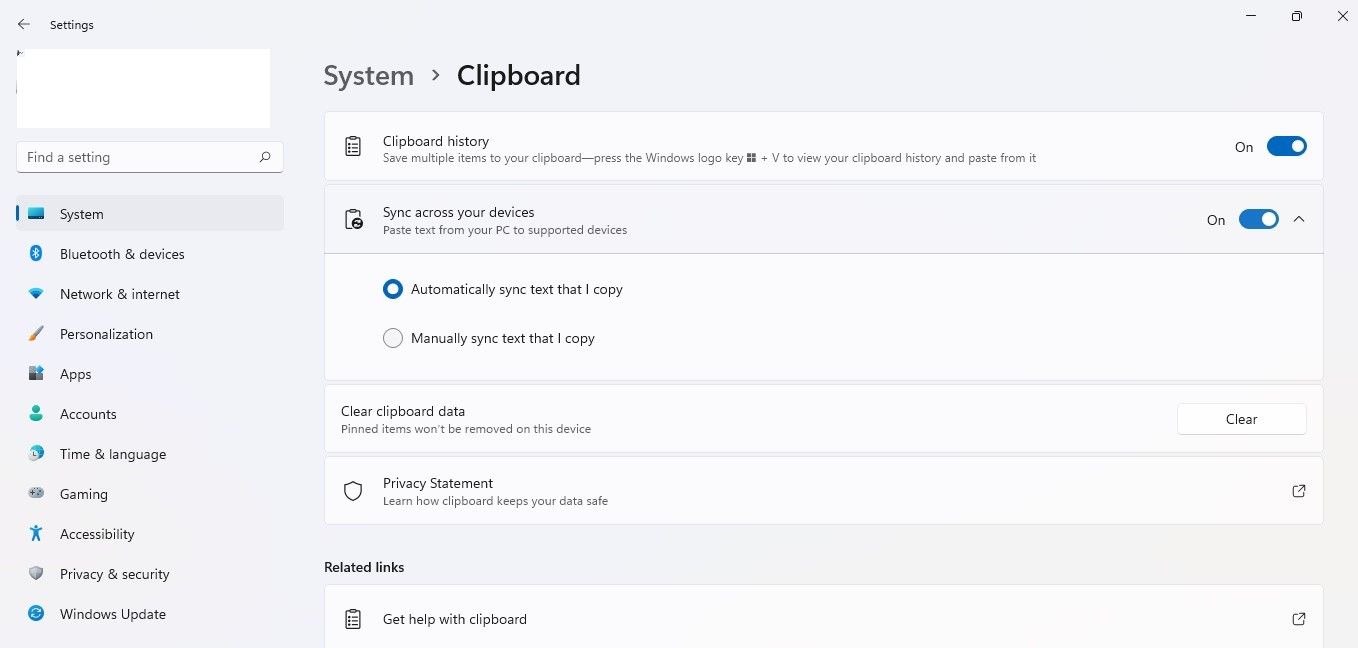 Turning On Sync in Clipboard History Settings in Windows Settings App