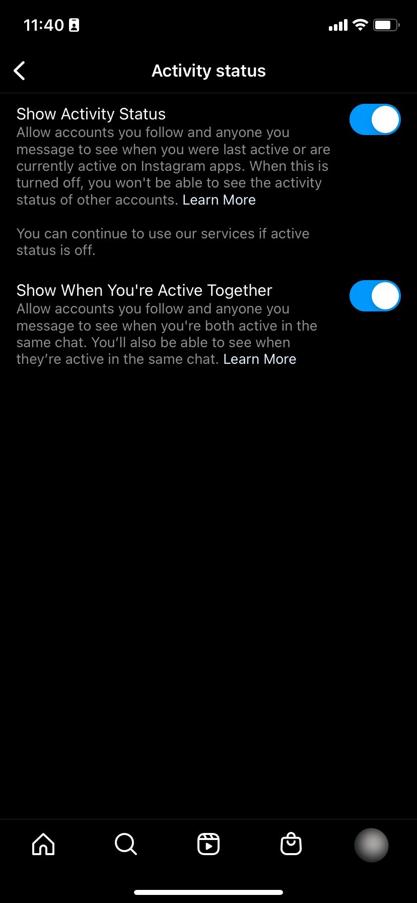 Instagram's Activity status feature enabled