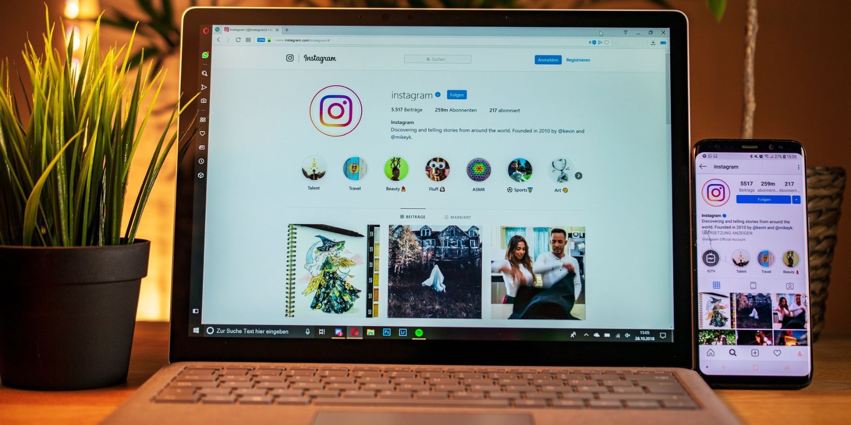 Instagram opened on laptop and mobile