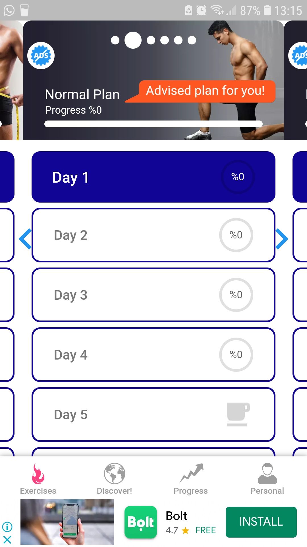 LoseFat mobile fitness app normal daily plan