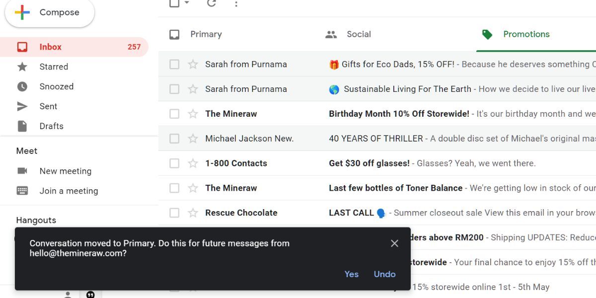 popup in gmail that asks the user whether they want to move future messages from promotions to primary