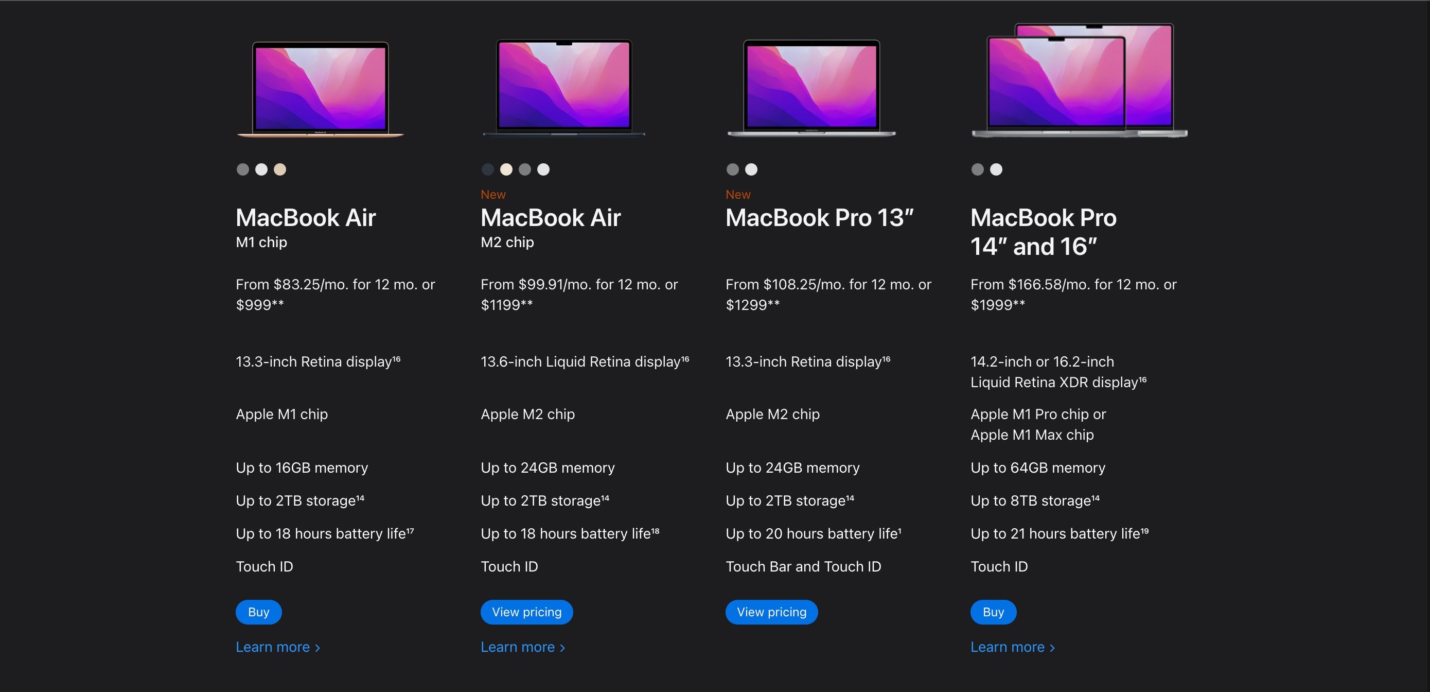 Price comparison between different MacBook models