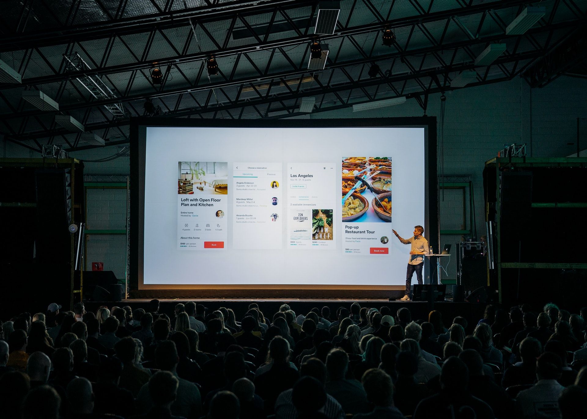 Man presenting on stage at a tech conference. Product Evangelism by cofounder Karri Saarinen.