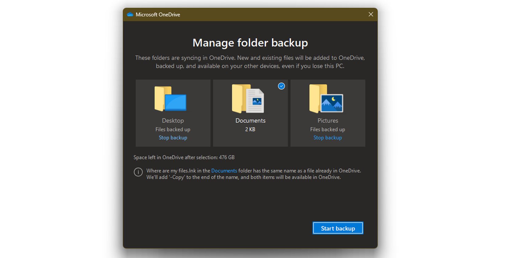 Manage folder backups on Microsoft OneDrive