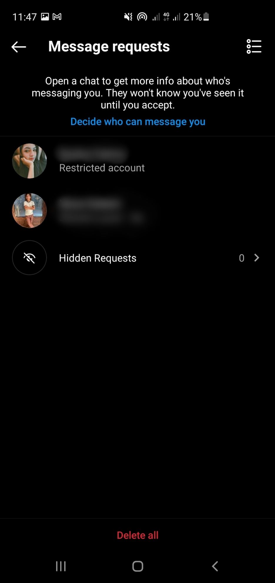 Account gone in Message Requests