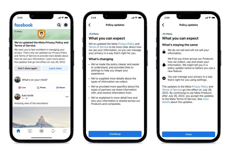 Três telas de telefone com notificações do Facebook sobre uma atualização da política de privacidade