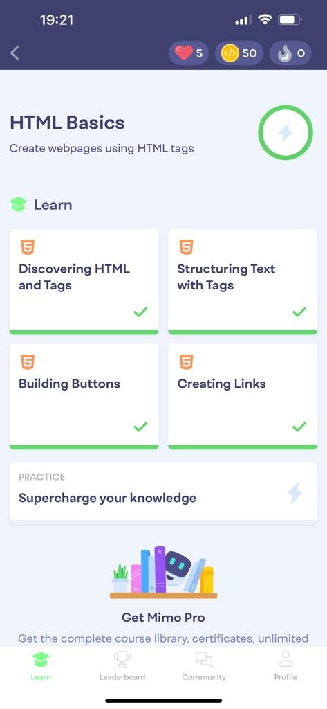 Screenshot of Mimo showing HTML topics