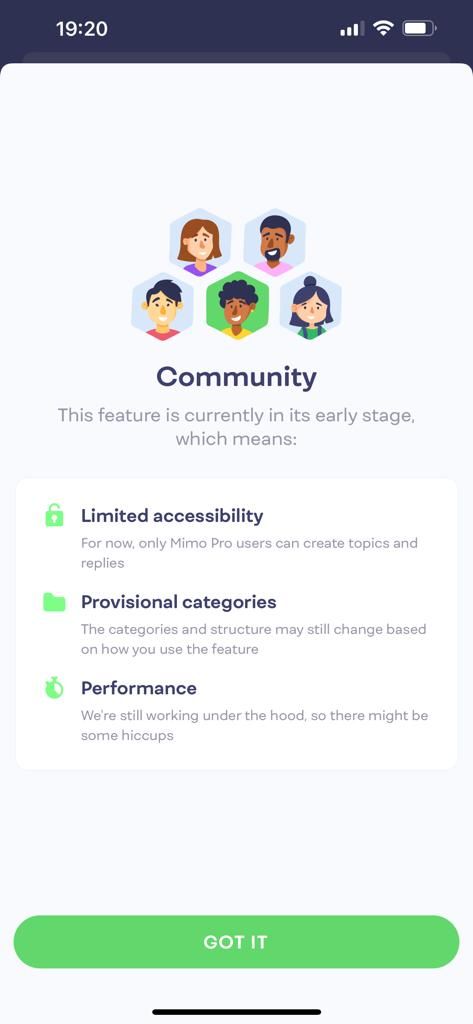Screenshot of Mimo's community page