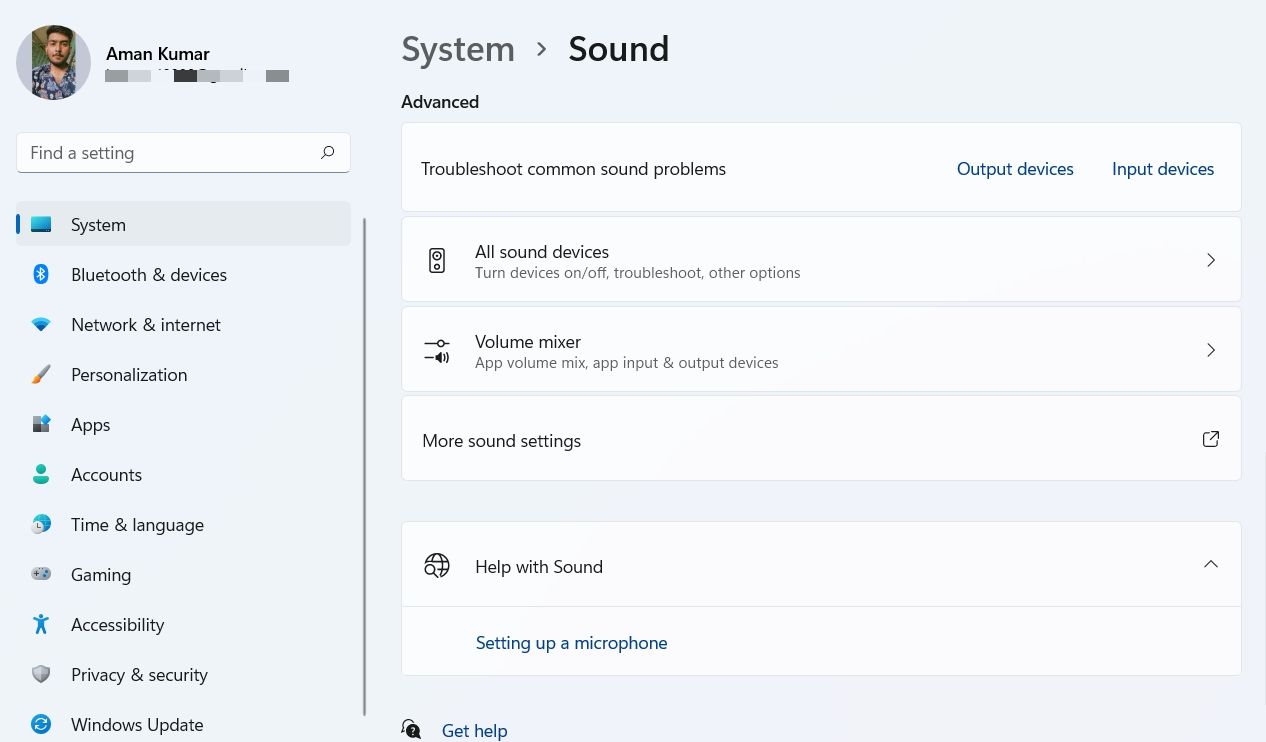 More Sound Settings under Advanced section