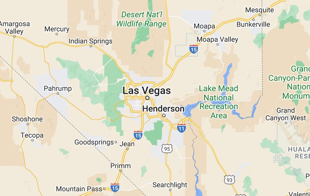 Nature depicted on Google Maps in an example in Las Vegas showing deserts and green areas.