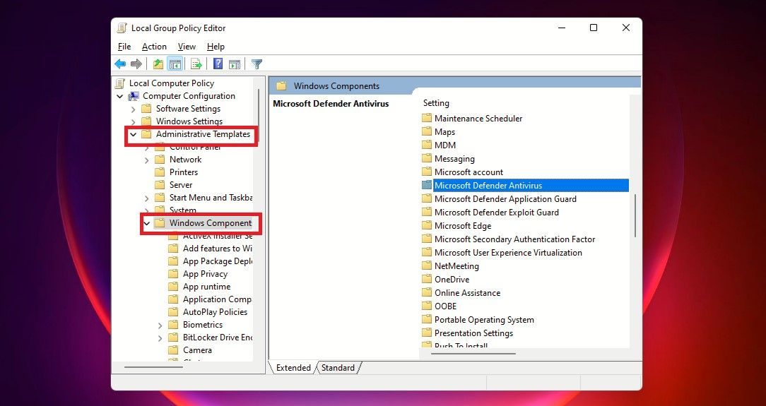 Navigate to Windows Defender Antivirus in Group Policy Editor