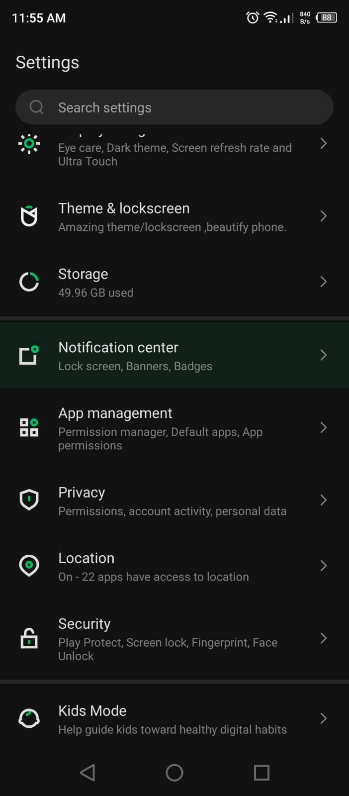 Notification Center in Android Settings