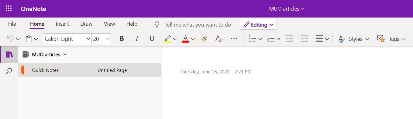 OneNote Home Page including toolbars