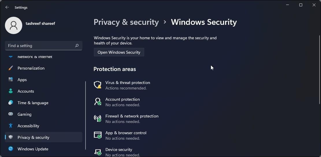 Open Windows Security Windows 11 Settings