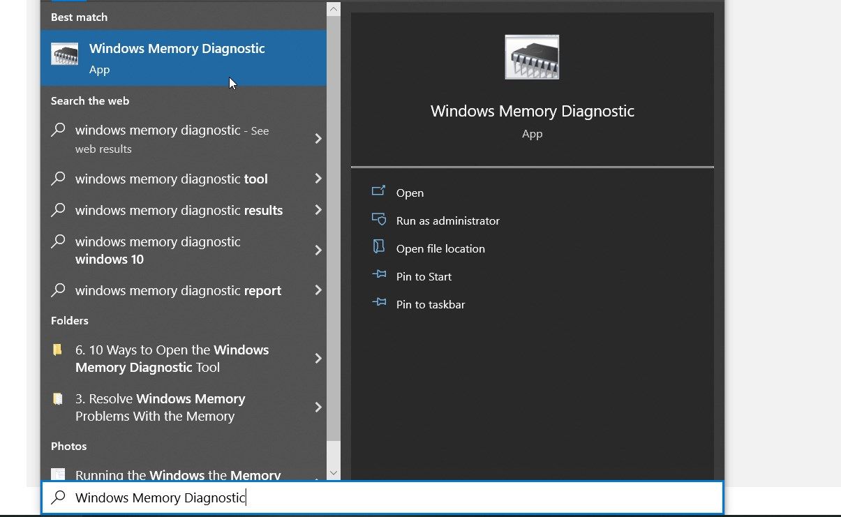 Opening the Windows Memory Diagnostic Tool Using the Search Bar