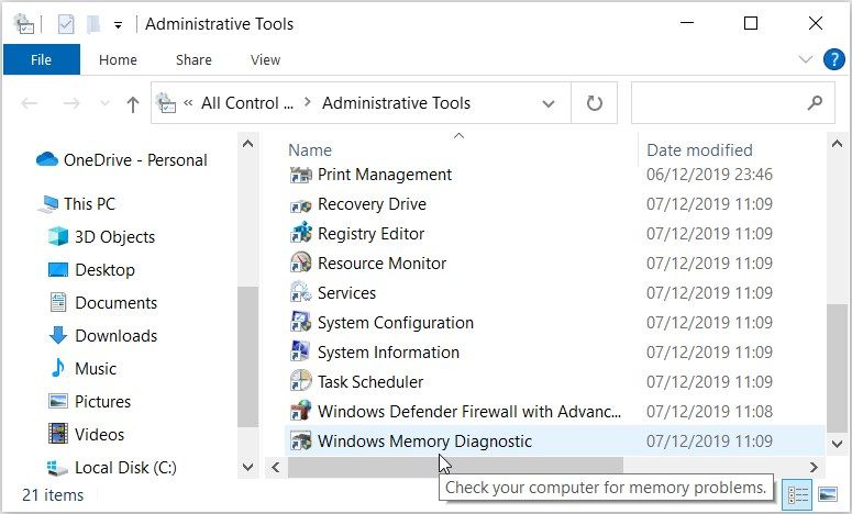 Opening the Windows Memory Diagnostic Tool Using the Control Panel