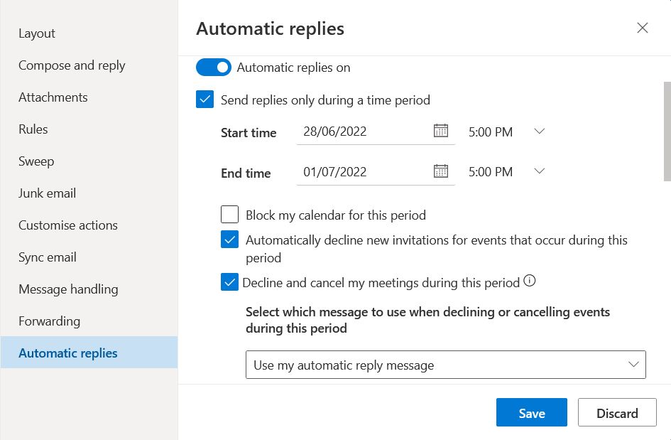 پاسخ‌های خودکار برای Outlook در مرورگر، واقع در تنظیمات، تنظیمات ایمیل، عمومی