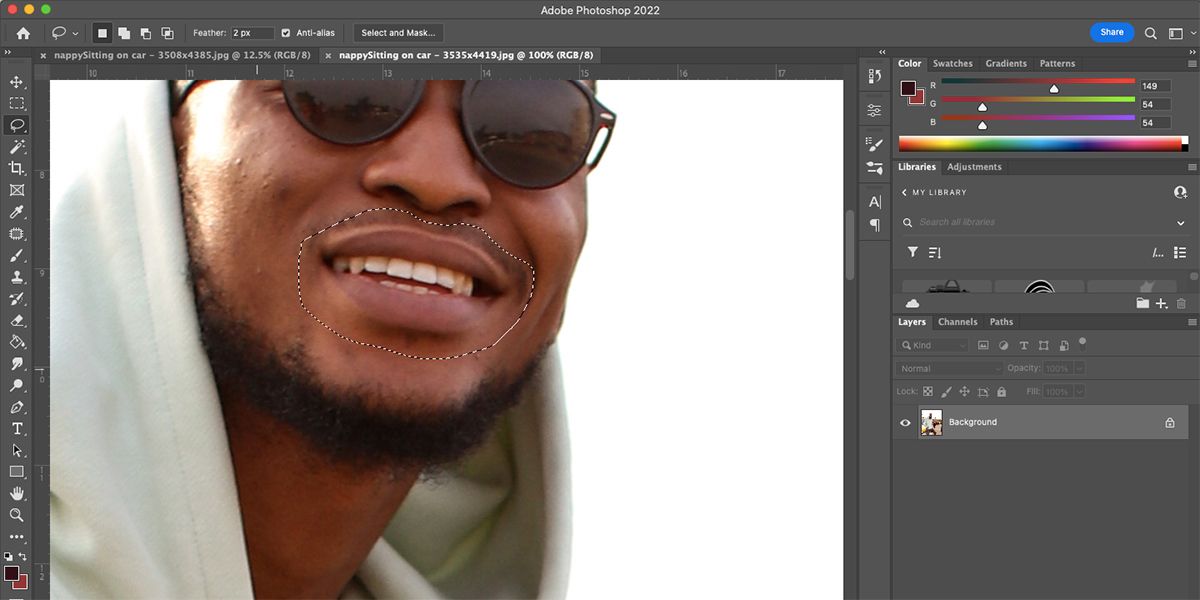 Photoshop interface with image of man and running ants around his mouth.