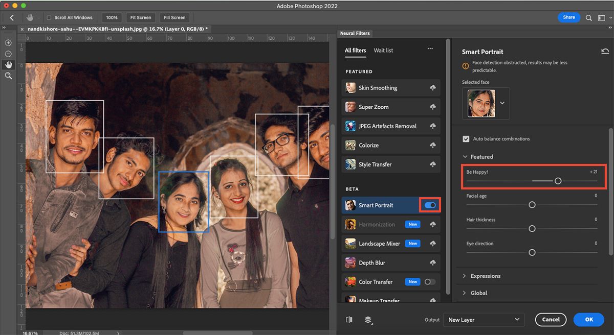 Photoshop neural filters menu with Be Happy! in use.