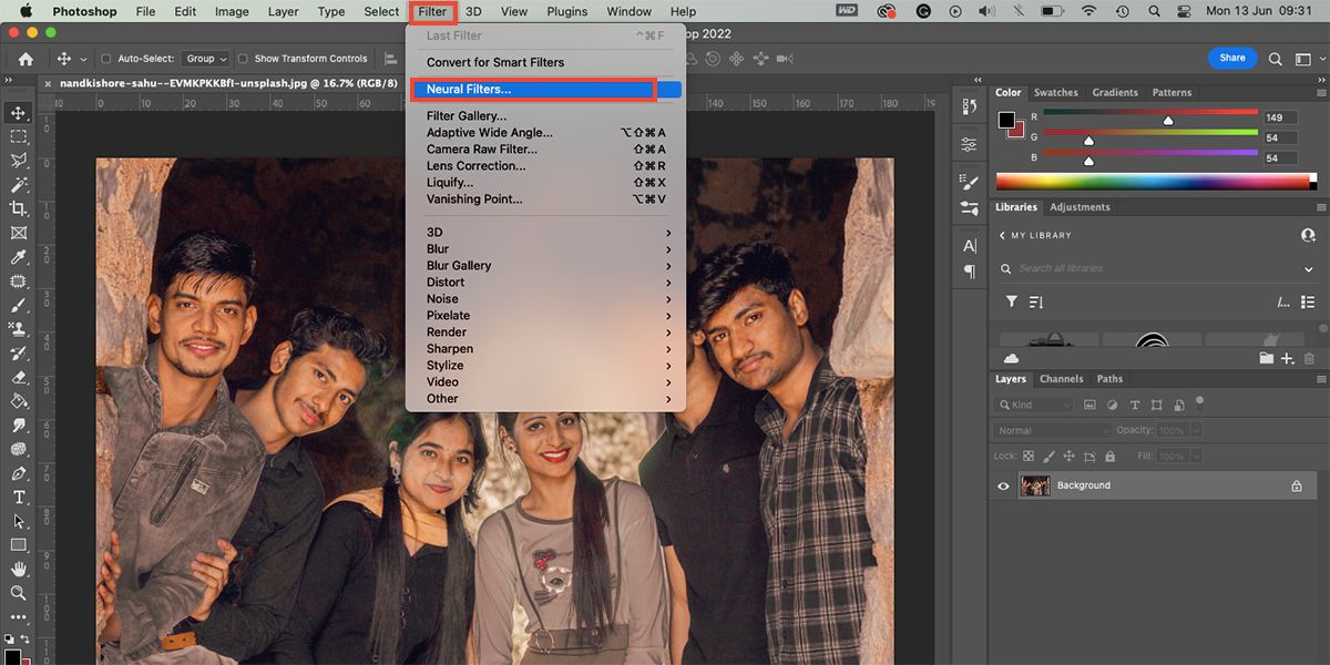 Photoshop interface showing Filter menu.