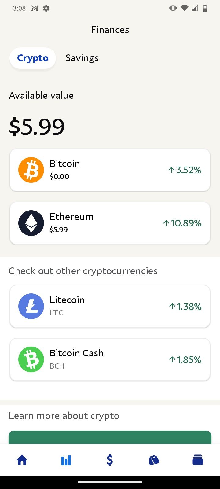 The Crypto Dashboard of the PayPal Mobil App