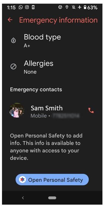 Pixel 3 Emergency Button Emergency info screenshot with blood type, name, and emergency contact