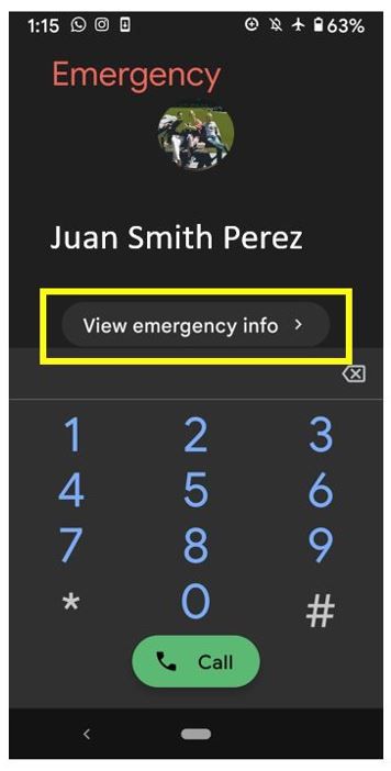 Pixel 3 Emergency Button with name of phone's owner and dial tab