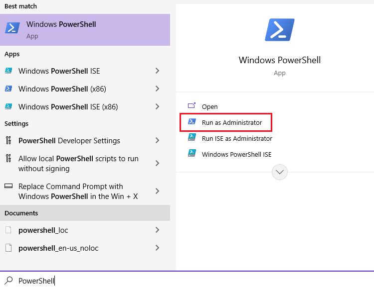 PowerShell В поиске Windows